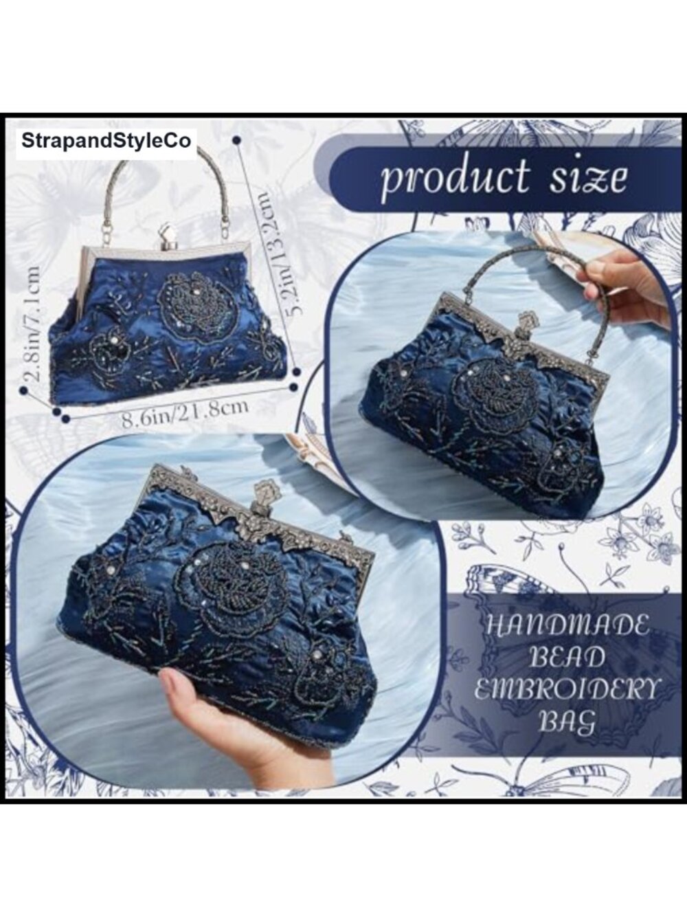 Embroidered Beaded Clutch Evening Bag with Chain Crossbody - Picture 3 of 6